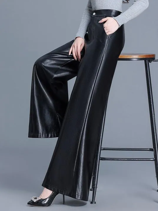 Stylish High-waisted PU Leather Flare Pants