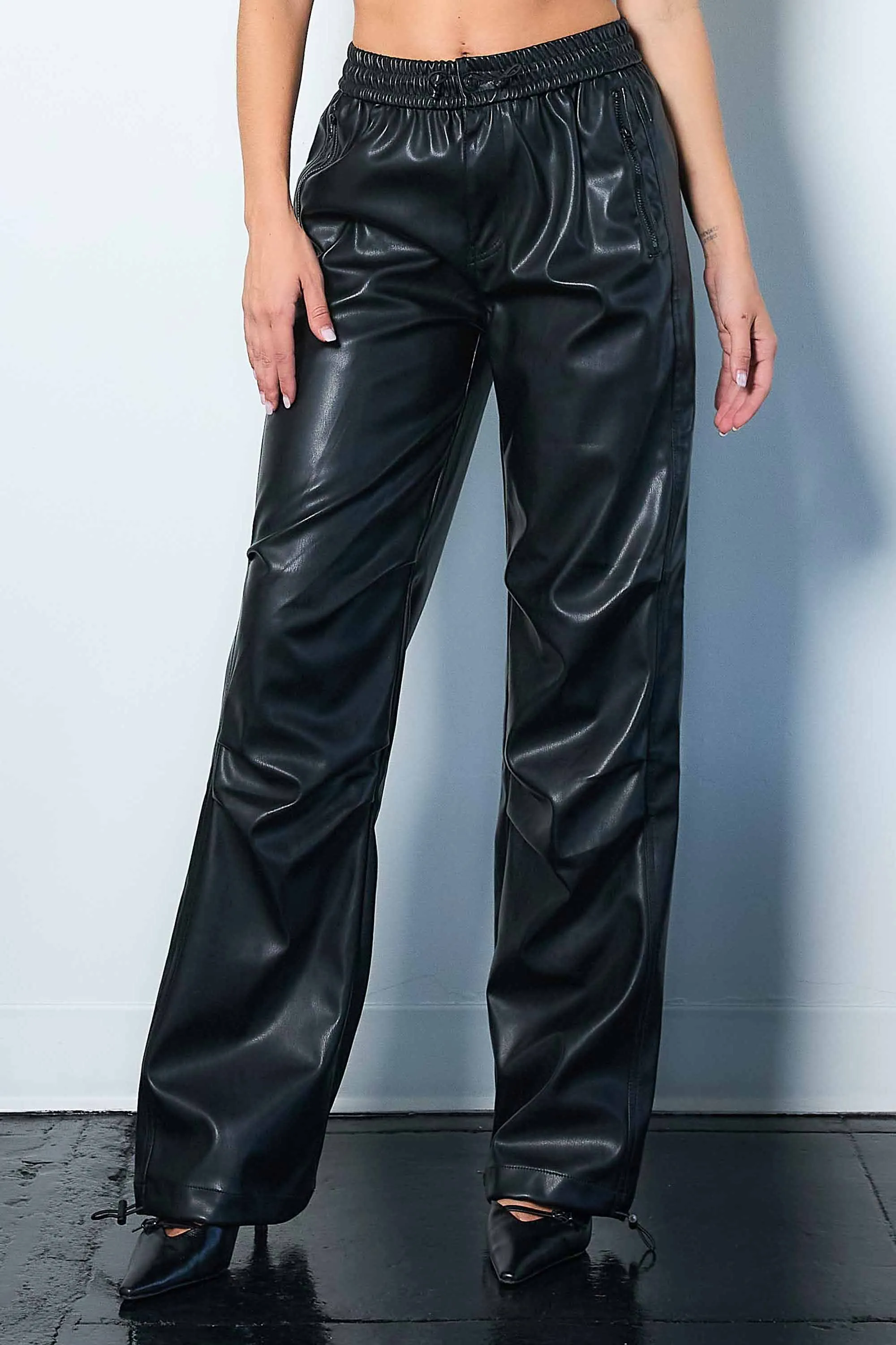 Vegan Leather Elastic Waist Band Baggy Pants