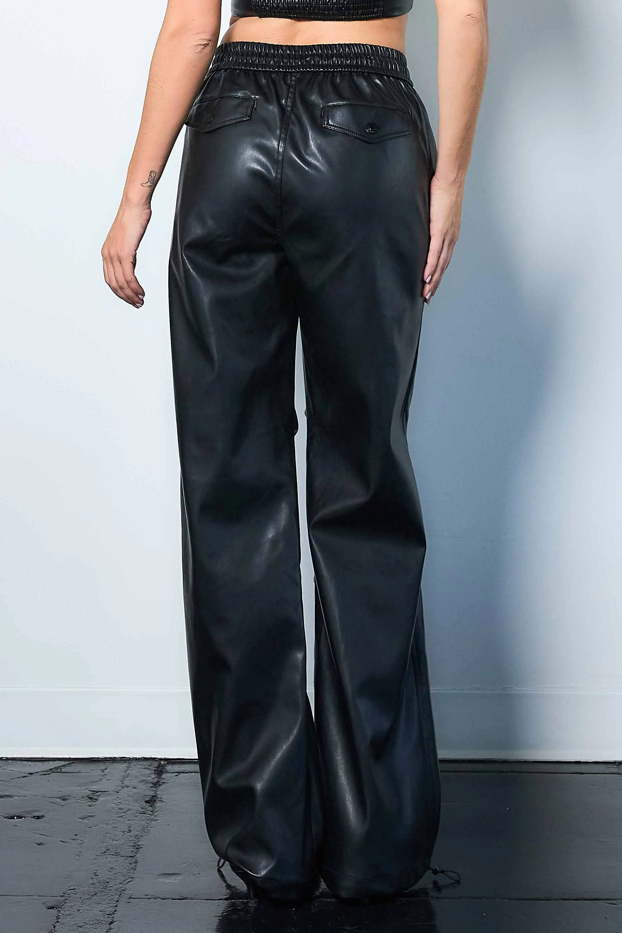 Vegan Leather Elastic Waist Band Baggy Pants