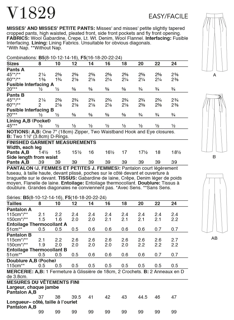 Vogue Pattern V1829  Misses' and Misses' Petite Pants