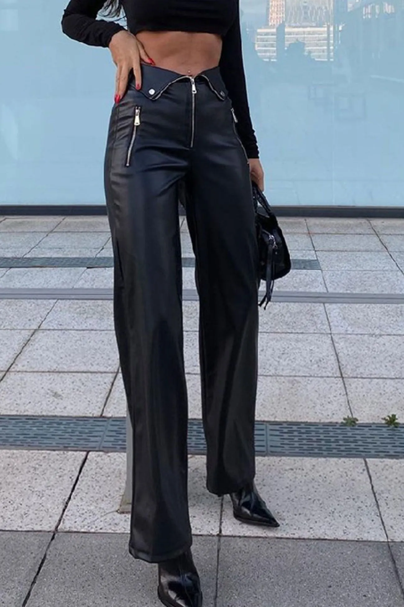 Zipper Front Solid Color Straight Leather Pants